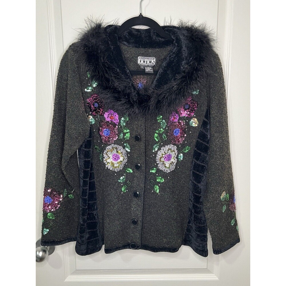 Berek M Sequin Flower Black Cardigan with Feather Collar Large
